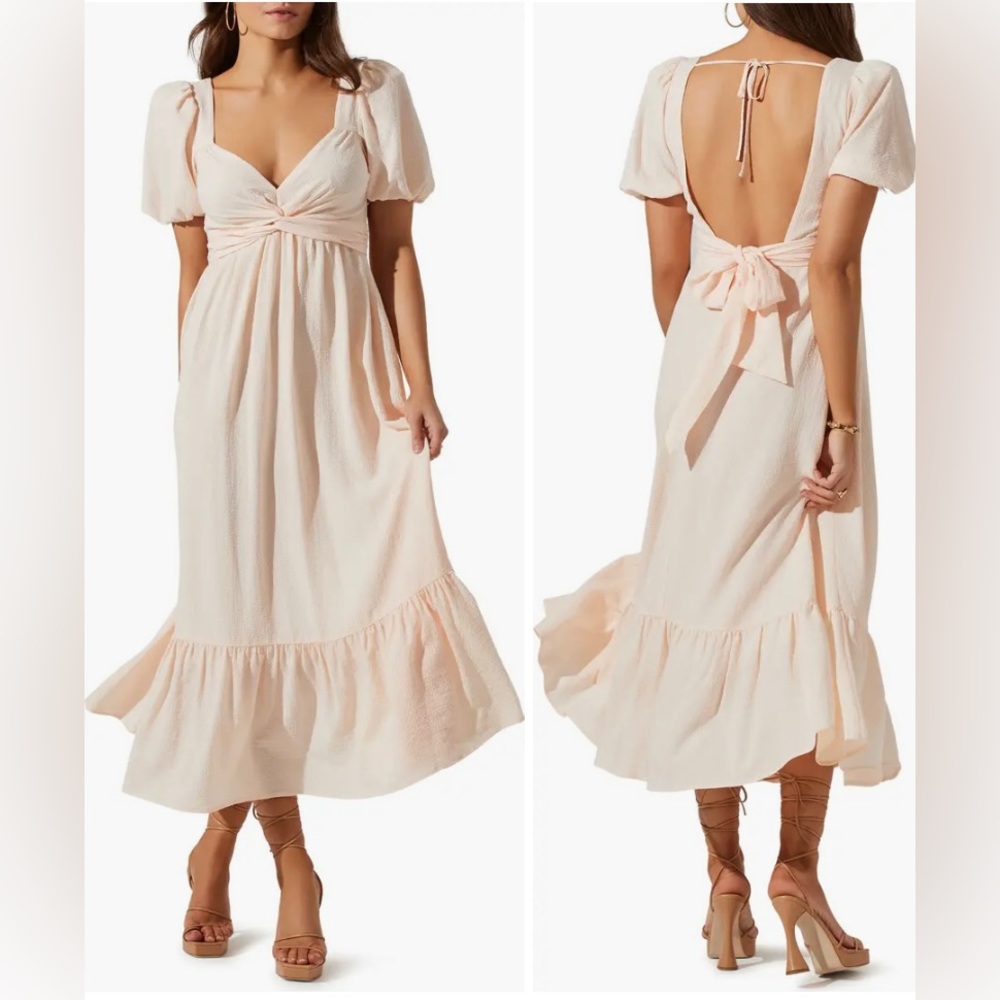 ASTR The Label Twist Bust Puff Sleeve Tie Back Midi Dress